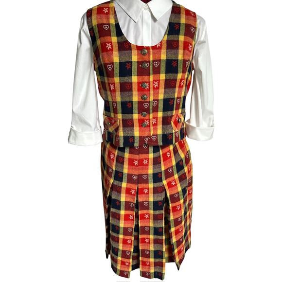 Vintage Handmade Set Size 8-10 Wool‎ Blend Tartan Pleated Skirt & Matching Vest - Picture 1 of 6